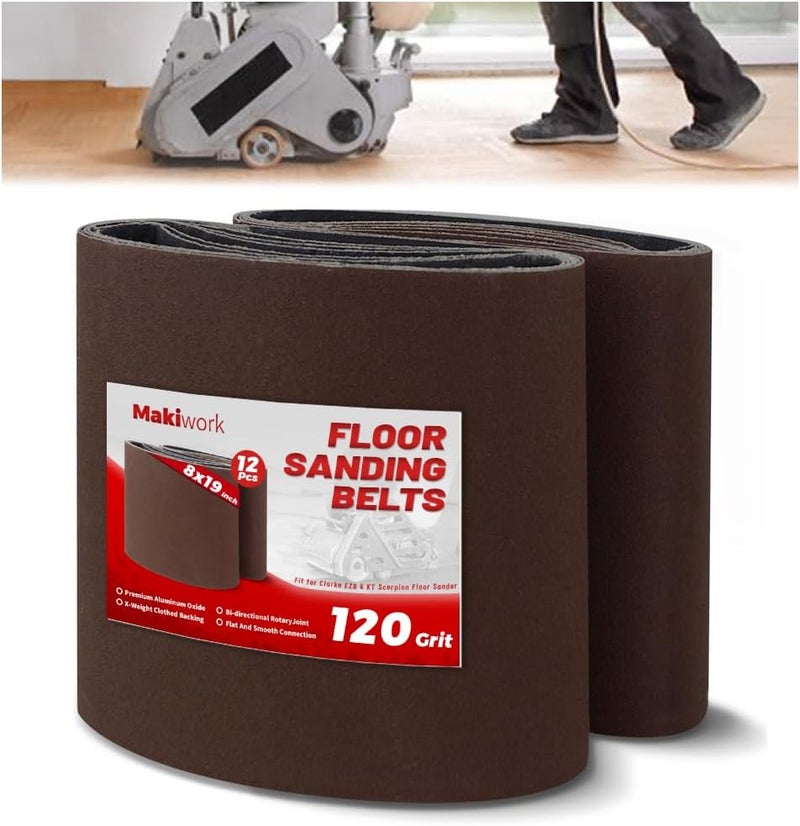 makiwork 8 inch x 19 inch 120 Grit Sanding Belts, 12 Pack, EZ 8 Drum Sander Sandpaper Rolls for Woodworking and Floor Polishing, Aluminum Oxide Sander Sleeves - Image 1